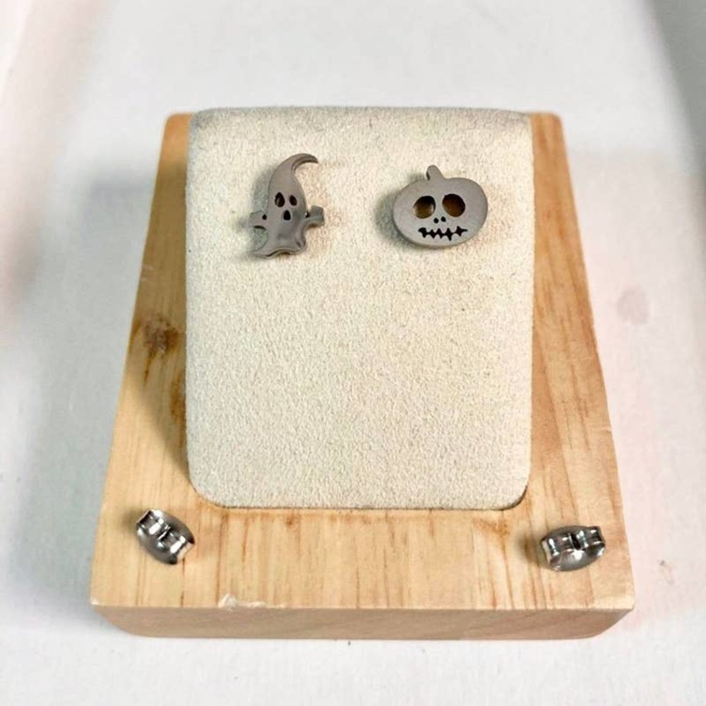 Silver Stainless Steel Mismatched Jack-O-Lantern and Ghost Earrings - Picture 2 of 8